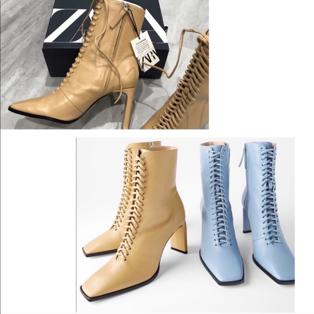 Zara laced leather heeled ankle boots, cream